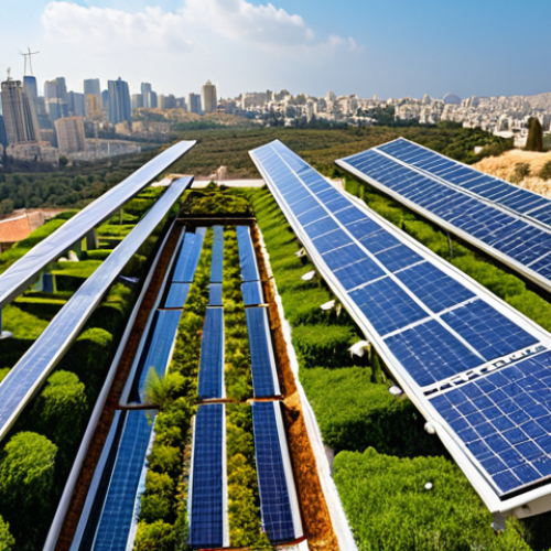Home 11 **Prompt:** A vibrant, futuristic city landscape in Israel, showcasing a blend of modern skyscrapers and lush green spaces. Solar panels are integrated into building designs, and advanced water management systems are subtly visible. The scene reflects Israel's innovation in clean technologies and sustainable urban development. Include elements of local culture and architecture, illuminated by a warm, sunny Mediterranean light.
