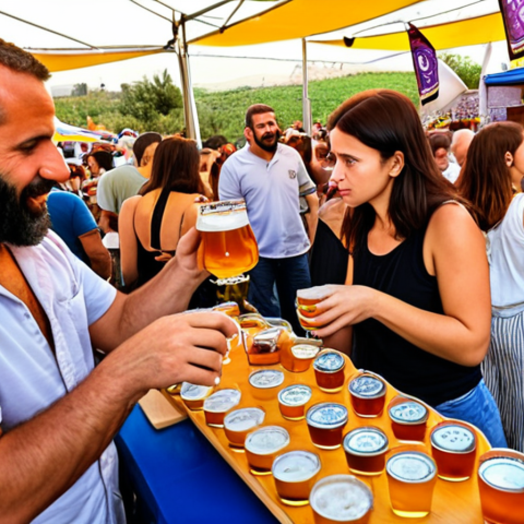 "A vibrant craft beer festival in Northern Israel, showcasing local ingredients like honey and herbs. Focus on the enthusiastic crowd sampling beers, with colorful brewery stalls and Israeli flags in the background. Capture the passion and authenticity of the scene."