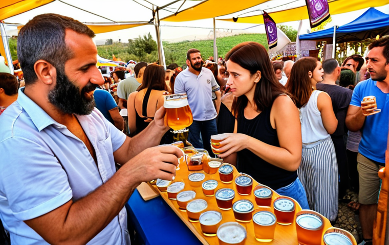 "A vibrant craft beer festival in Northern Israel, showcasing local ingredients like honey and herbs. Focus on the enthusiastic crowd sampling beers, with colorful brewery stalls and Israeli flags in the background. Capture the passion and authenticity of the scene."