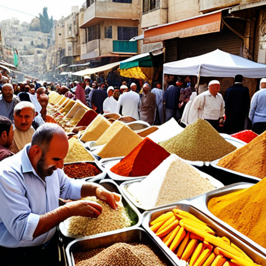 **Prompt 1: "A bustling, vibrant Israeli 'shuk' (market) scene, overflowing with colorful pyramids of spices, neatly piled fresh fruits and vegetables, and inviting street food stalls. Dynamic composition with a diverse crowd of people bargaining and interacting, capturing the authentic, lively energy of daily life under warm natural light."**