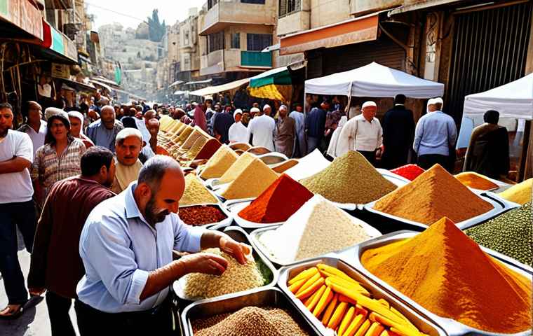 **Prompt 1: "A bustling, vibrant Israeli 'shuk' (market) scene, overflowing with colorful pyramids of spices, neatly piled fresh fruits and vegetables, and inviting street food stalls. Dynamic composition with a diverse crowd of people bargaining and interacting, capturing the authentic, lively energy of daily life under warm natural light."**