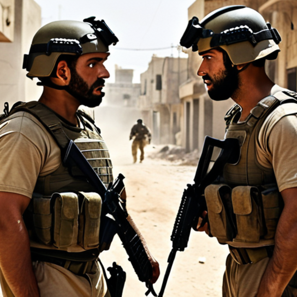 A gritty, realistic portrayal of an intense urban combat scene in a dusty Middle Eastern town. Israeli special forces agents in tactical gear, one central figure (reminiscent of Doron Kabilio) with a determined, weary expression, engaged in a close-quarters confrontation. The scene should convey palpable tension, chaos, and the unvarnished reality of conflict, with subtle dust effects and muted colors for a documentary-like feel. Focus on authenticity over grandiosity.