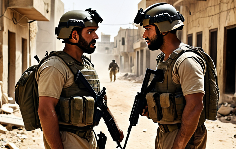 A gritty, realistic portrayal of an intense urban combat scene in a dusty Middle Eastern town. Israeli special forces agents in tactical gear, one central figure (reminiscent of Doron Kabilio) with a determined, weary expression, engaged in a close-quarters confrontation. The scene should convey palpable tension, chaos, and the unvarnished reality of conflict, with subtle dust effects and muted colors for a documentary-like feel. Focus on authenticity over grandiosity.