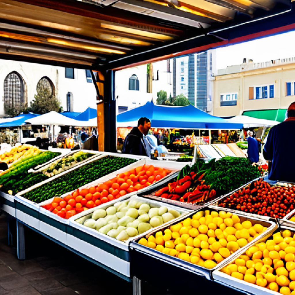 Modern Market Adaptation**

"A vibrant, bustling farmers market in Tel Aviv, Israel, featuring vendors selling fresh produce and local crafts. Some vendors use tablets for transactions, integrating modern technology with traditional sales. Shoppers are diverse and fully clothed in modest, contemporary clothing. The background includes a mix of modern buildings and classic architecture. Sunlight illuminates the scene, creating a warm, inviting atmosphere. Safe for work, appropriate content, fully clothed, professional photography, perfect anatomy, correct proportions, natural pose."

**