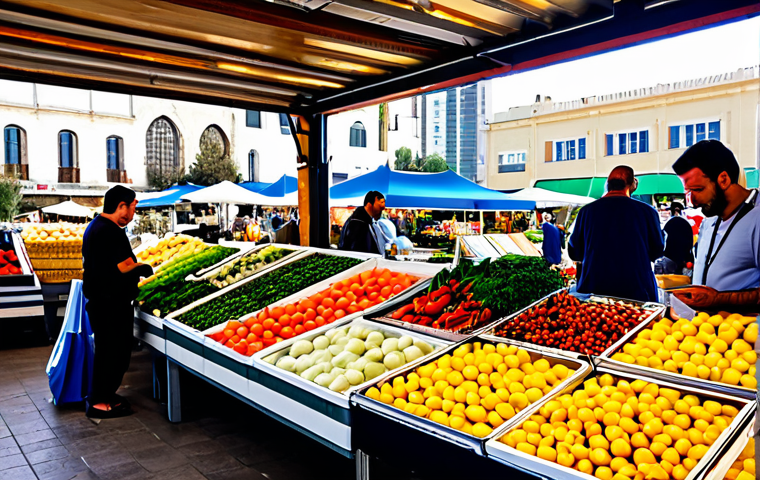 Modern Market Adaptation**
"A vibrant, bustling farmers market in Tel Aviv, Israel, featuring vendors selling fresh produce and local crafts. Some vendors use tablets for transactions, integrating modern technology with traditional sales. Shoppers are diverse and fully clothed in modest, contemporary clothing. The background includes a mix of modern buildings and classic architecture. Sunlight illuminates the scene, creating a warm, inviting atmosphere. Safe for work, appropriate content, fully clothed, professional photography, perfect anatomy, correct proportions, natural pose."
**