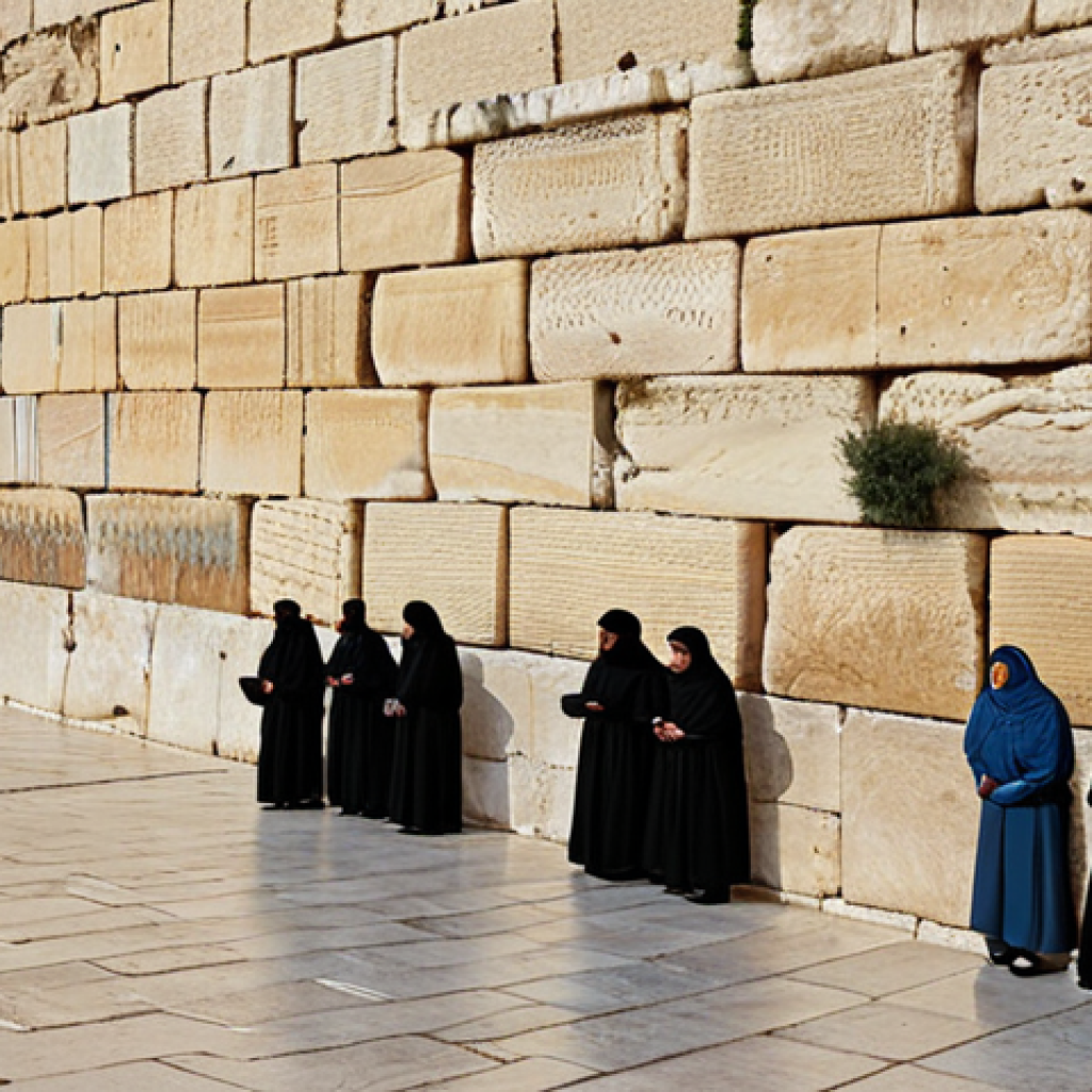 The Western Wall, Jerusalem**

"A respectful and appropriate view of the Western Wall (Muro de las Lamentaciones) in Jerusalem. People of diverse backgrounds are present, fully clothed in modest clothing, some placing prayers in the wall. The scene is bathed in warm, natural light, suggesting a peaceful afternoon. In the background, the ancient stone of the wall is clearly visible. Safe for work, appropriate content, family-friendly, perfect anatomy, correct proportions, professional photography, high quality."

**