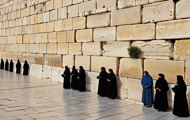 The Western Wall, Jerusalem**

"A respectful and appropriate view of the Western Wall (Muro de las Lamentaciones) in Jerusalem. People of diverse backgrounds are present, fully clothed in modest clothing, some placing prayers in the wall. The scene is bathed in warm, natural light, suggesting a peaceful afternoon. In the background, the ancient stone of the wall is clearly visible. Safe for work, appropriate content, family-friendly, perfect anatomy, correct proportions, professional photography, high quality."

**