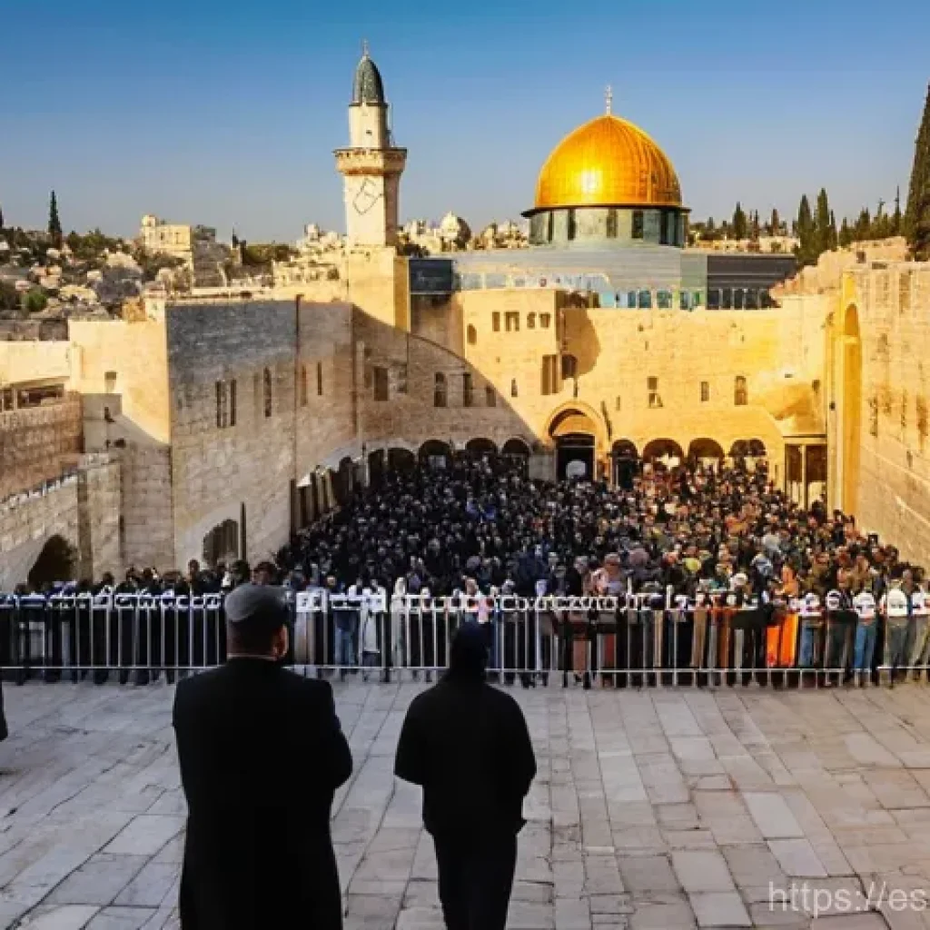 이스라엘의 대표 종교  유대교 이슬람교 기독교 - **Prompt:** A vibrant, panoramic view of Jerusalem's Old City at golden hour. The majestic golden Do...