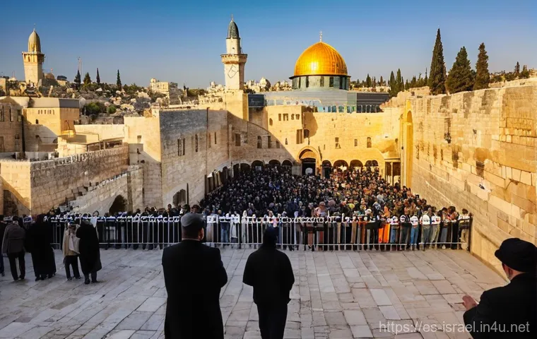 이스라엘의 대표 종교 유대교 이슬람교 기독교 - **Prompt:** A vibrant, panoramic view of Jerusalem's Old City at golden hour. The majestic golden Do...