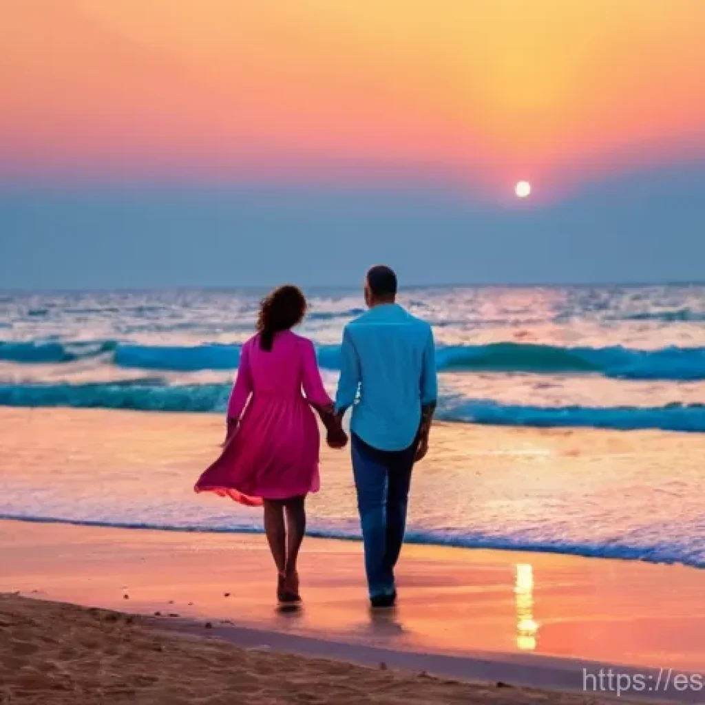 이스라엘에서 신혼여행 가기 좋은 곳 - **Romantic Sunset Stroll on Tel Aviv Beach**
    A loving couple, approximately 30-40 years old, is ...