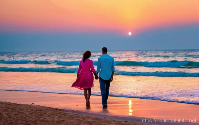 이스라엘에서 신혼여행 가기 좋은 곳 - **Romantic Sunset Stroll on Tel Aviv Beach**
    A loving couple, approximately 30-40 years old, is ...