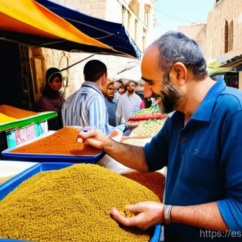 이스라엘 화폐 및 환전 팁 - **Vibrant Israeli Market Transaction:** A bustling, sun-drenched street market scene in Jerusalem, f...