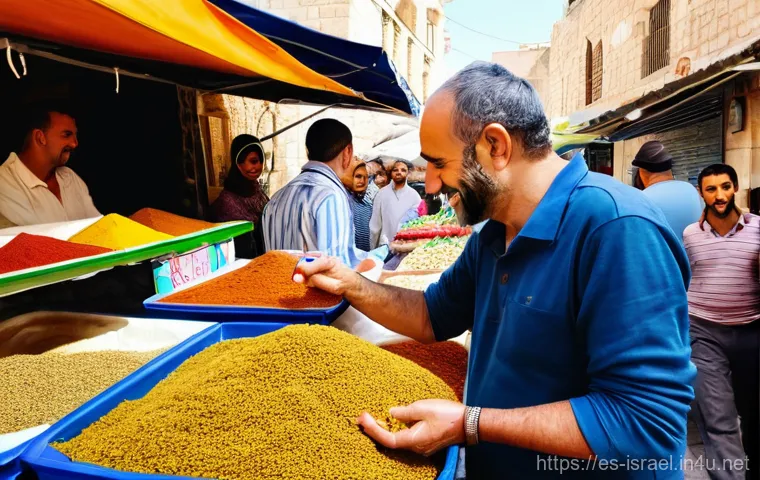 이스라엘 화폐 및 환전 팁 - **Vibrant Israeli Market Transaction:** A bustling, sun-drenched street market scene in Jerusalem, f...