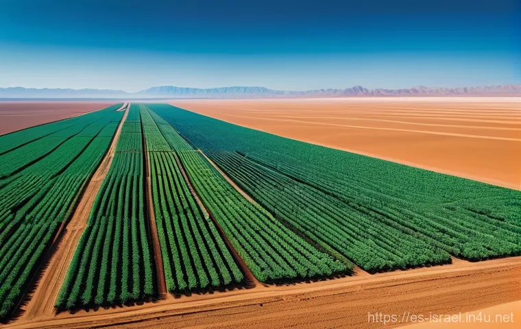이스라엘의 농업 혁신 박람회 - **Prompt:** "A breathtaking aerial view of a vast, arid desert landscape being meticulously transfor...