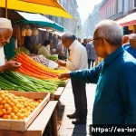 이스라엘의 공식 언어 히브리어 아랍어 - A lively outdoor market scene in a vibrant city. Diverse people of various ages and ethnicities are ...