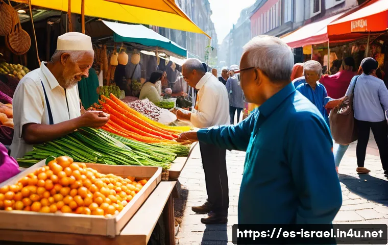 이스라엘의 공식 언어 히브리어 아랍어 - A lively outdoor market scene in a vibrant city. Diverse people of various ages and ethnicities are ...