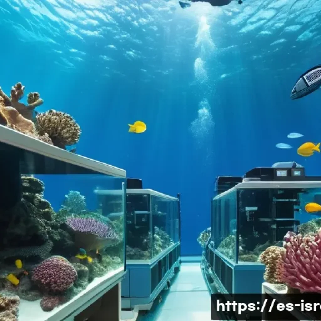 이스라엘의 해양 생물 보호 프로그램 - A vibrant underwater scene depicting a marine biotechnology laboratory near the Red Sea coast of Isr...