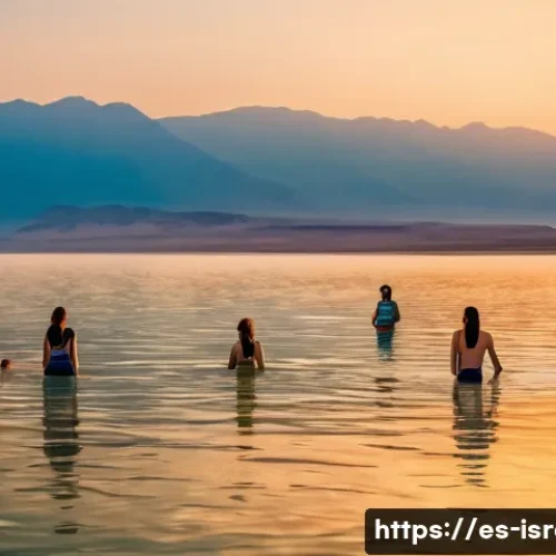 이스라엘에서 즐길 수 있는 아웃도어 액티비티 - A serene early morning scene at the Dead Sea with a diverse group of people wearing modest swimsuits...