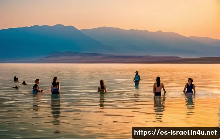 이스라엘에서 즐길 수 있는 아웃도어 액티비티 - A serene early morning scene at the Dead Sea with a diverse group of people wearing modest swimsuits...