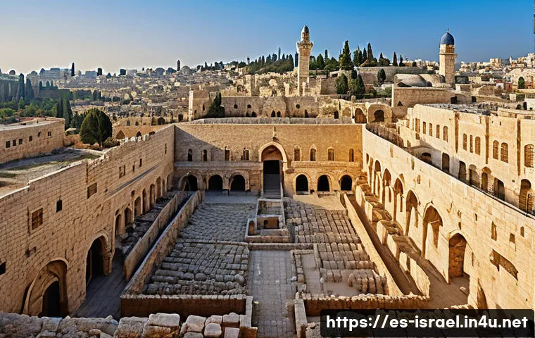 이스라엘 고고학의 세계적 중요성 - A panoramic view of Jerusalem’s Old City archaeological site at sunrise, showcasing layered ruins fr...