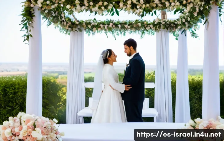 이스라엘에서의 결혼 문화 - A traditional Jewish wedding scene under a beautifully decorated Jup&aacute; canopy, adorned with fresh flo...