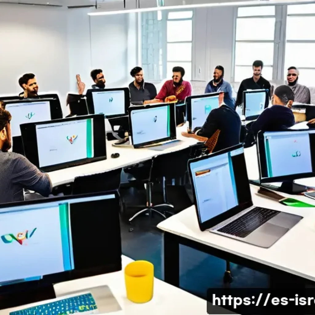 이스라엘 팔레스타인 간의 협력 프로젝트 - A vibrant digital workspace showcasing young Israeli and Palestinian tech entrepreneurs collaboratin...