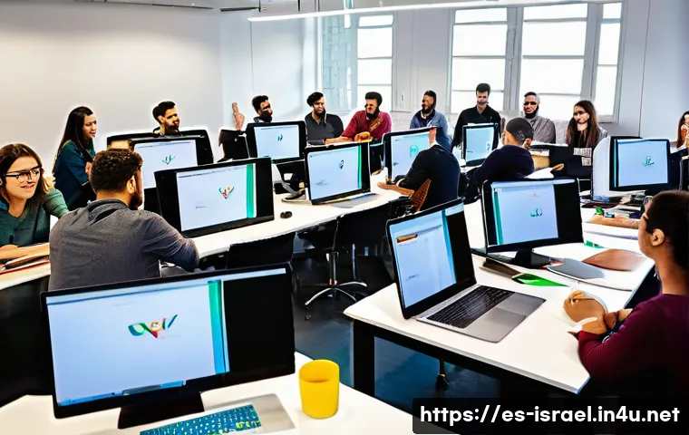 이스라엘 팔레스타인 간의 협력 프로젝트 - A vibrant digital workspace showcasing young Israeli and Palestinian tech entrepreneurs collaboratin...