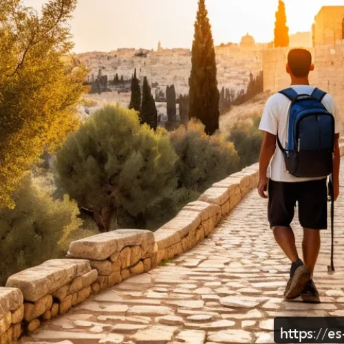 이스라엘 성지 순례 주요 코스 - A serene pilgrim walking thoughtfully along the ancient stone paths of Jerusalem at golden hour, wea...