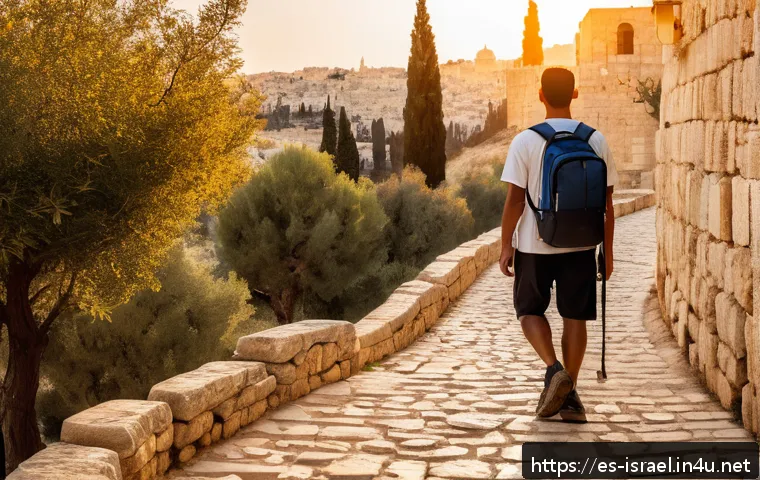 이스라엘 성지 순례 주요 코스 - A serene pilgrim walking thoughtfully along the ancient stone paths of Jerusalem at golden hour, wea...