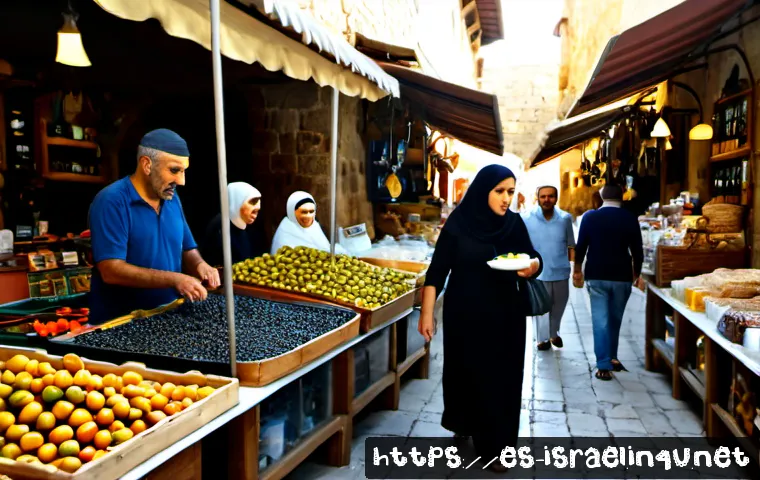 Home 17 이스라엘의 아랍인 공동체 - Photorealistic documentary-style scene of an Arab Israeli family shopping at a lively Mediterranean ...