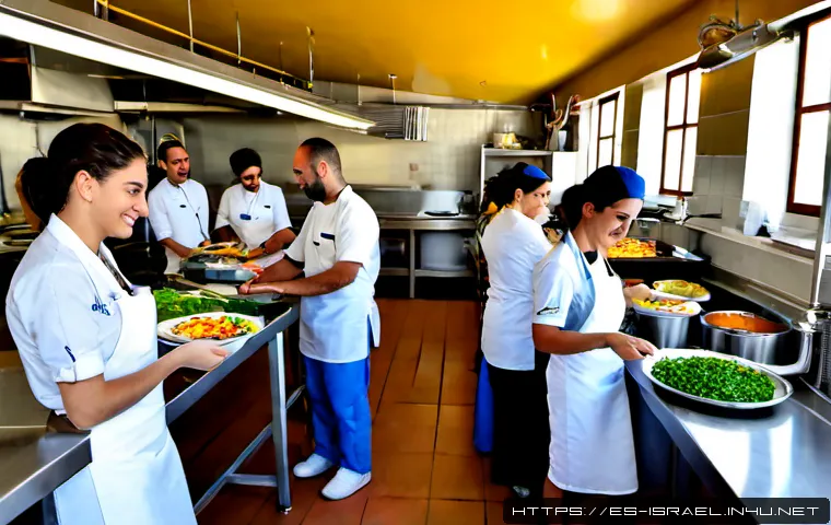 이스라엘에서 배울 수 있는 요리 학원 - Photorealistic culinary school kitchen in Tel Aviv, diverse adult Spanish-speaking travelers learnin...