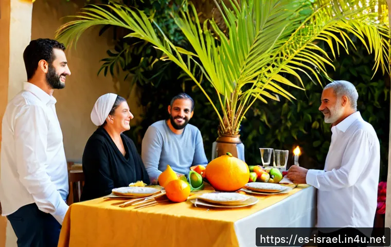 Home 17 이스라엘 대표 축제 수코트 한루카 - Photorealistic Sukkot celebration in a sunlit Mediterranean courtyard, a multigenerational Israeli f...