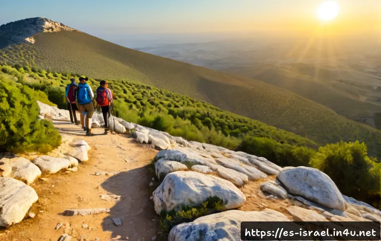 이스라엘 주요 산과 하이킹 코스 - Photorealistic sunrise view of hikers on the rugged summit trail of Mount Tabor, northern Israel, a ...