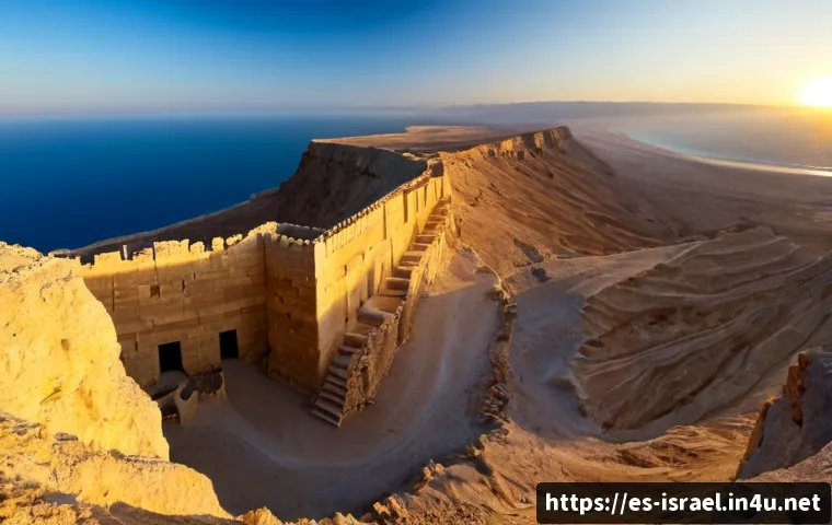 이스라엘 고대 유적지  마사다 - Photorealistic sunrise panorama of Masada ancient fortress in Israel, viewed from a high desert ridg...